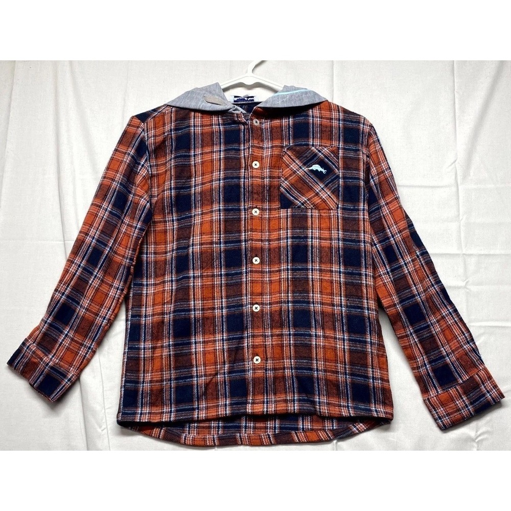 Tommy Bahama Hooded Flannel Shirt Boys 10/12 Orange Blue Plaid Logo Button Front
